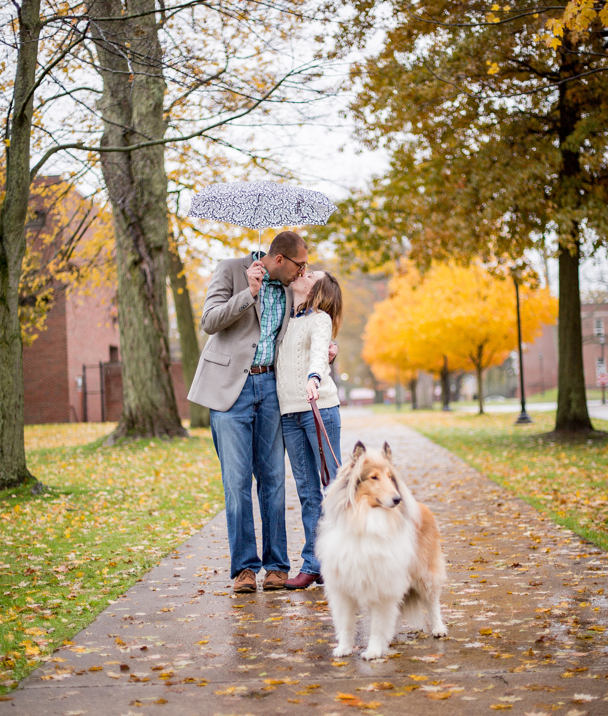 Couple kisses under an umbrella in Edinboro PA engagement session